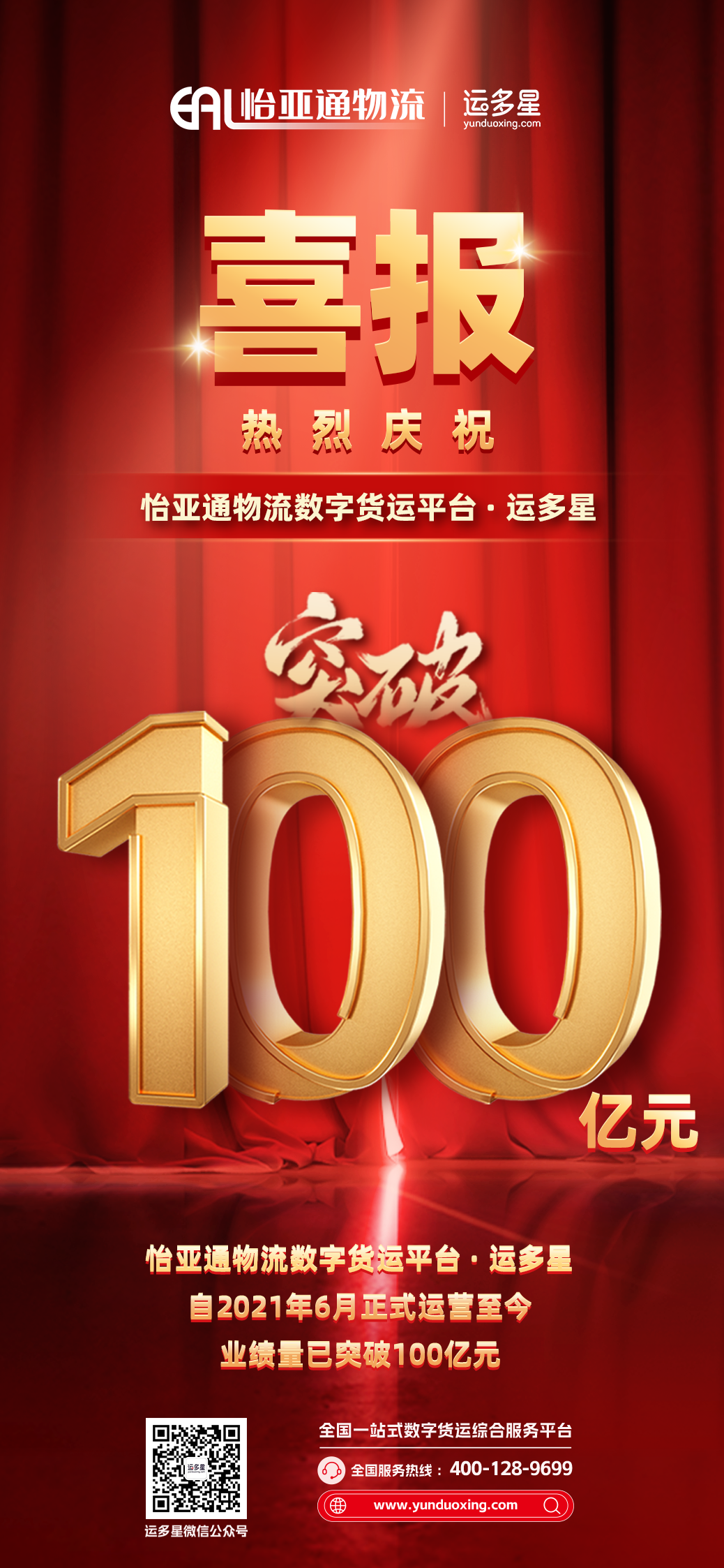 热烈庆祝 | 壹号娱乐-com物流数字货运平台·运多星累计业绩量突破100亿元